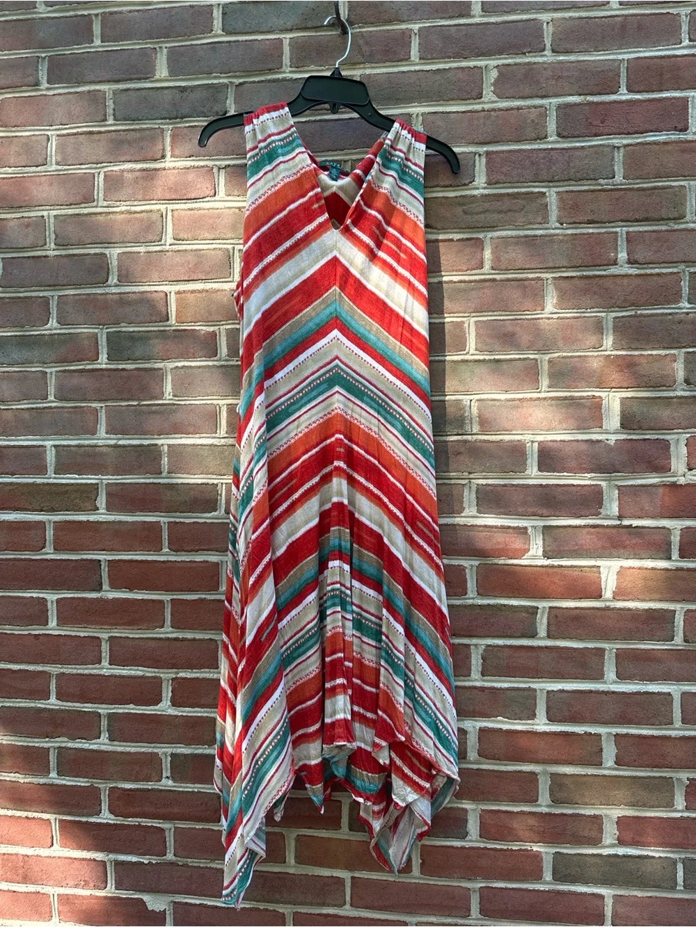 Ralph Lauren Red, Teal and White Asymmetrical Striped Handkerchief Dress - Picture 1 of 4